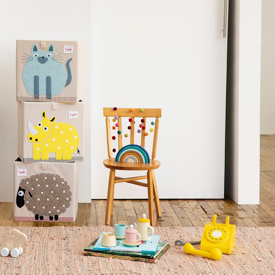 3 Sprouts toy storage cube fits Kallax shelves for organized playroom.