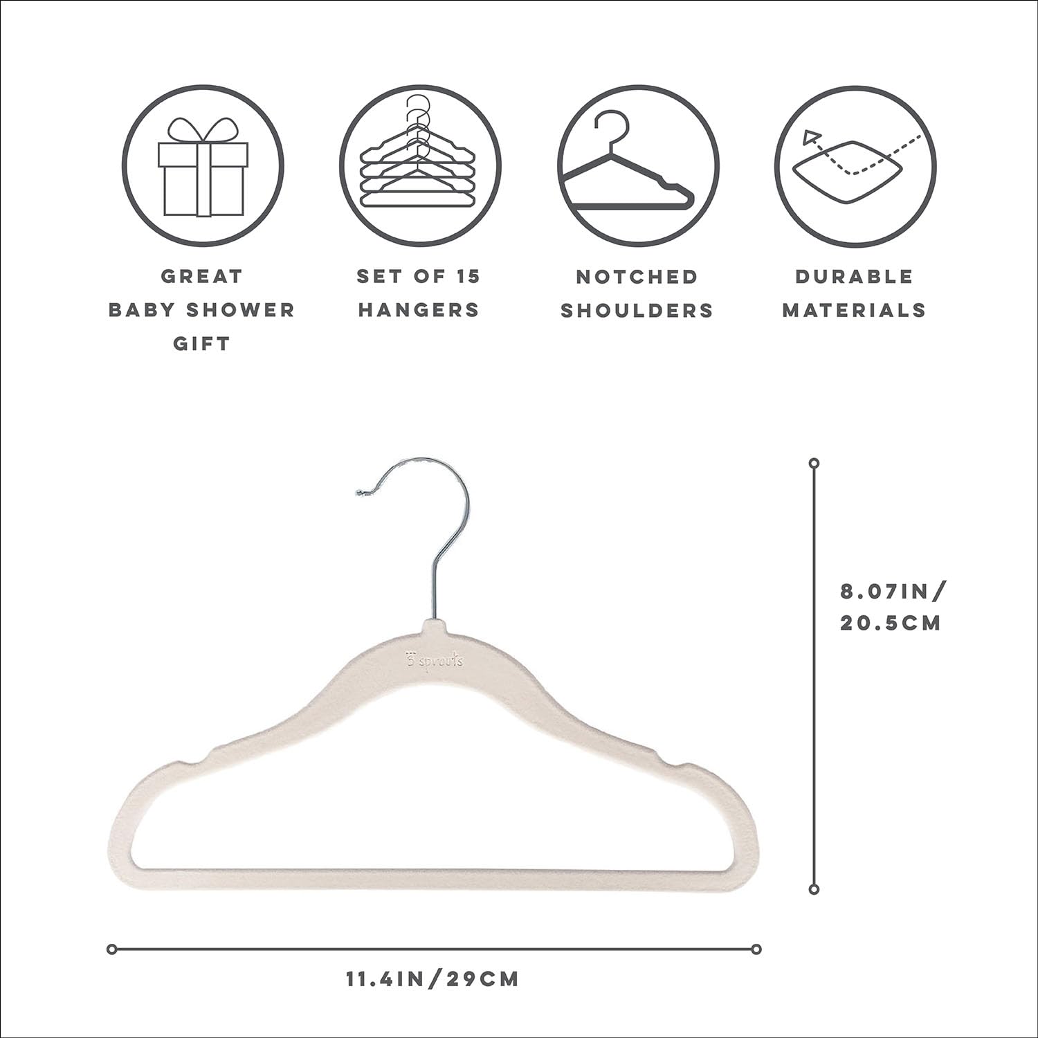 3 Sprouts velvet baby hangers with non-slip shoulders.