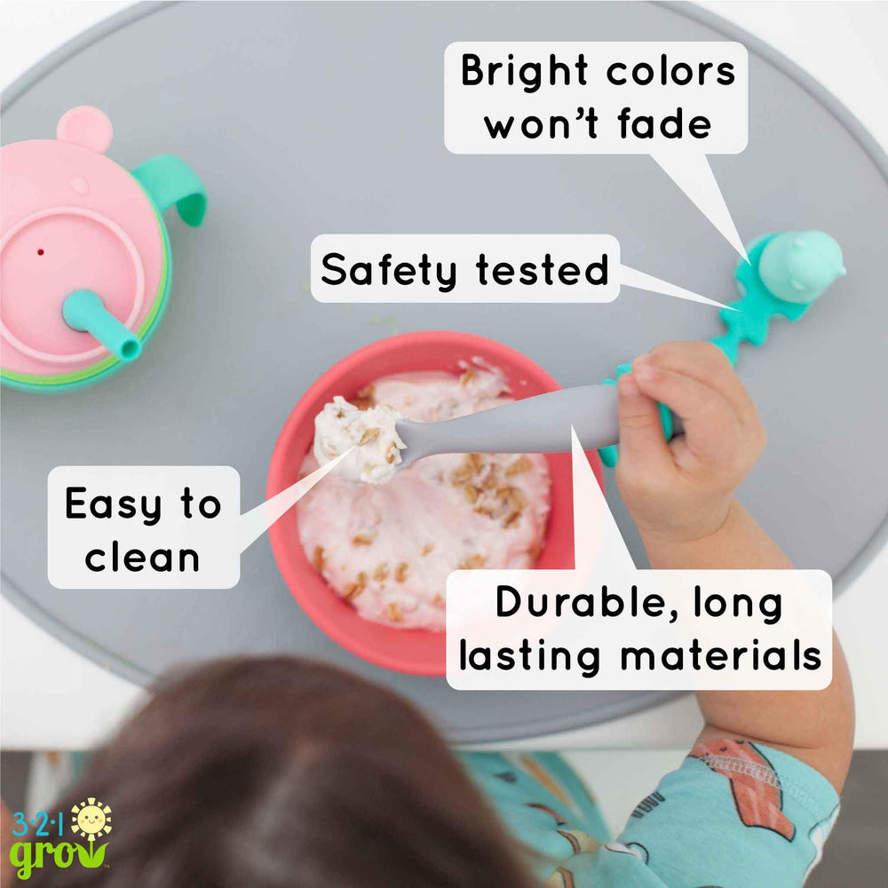 321 Grow Dishwasher-safe spoon is gentle on gums and easy to clean.