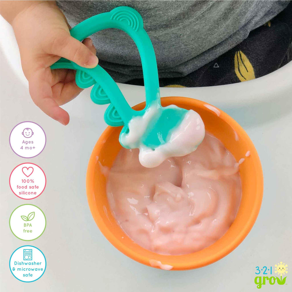 321 Grow Easy Learn Dino Spoon bright colors to engage babies during meals.
