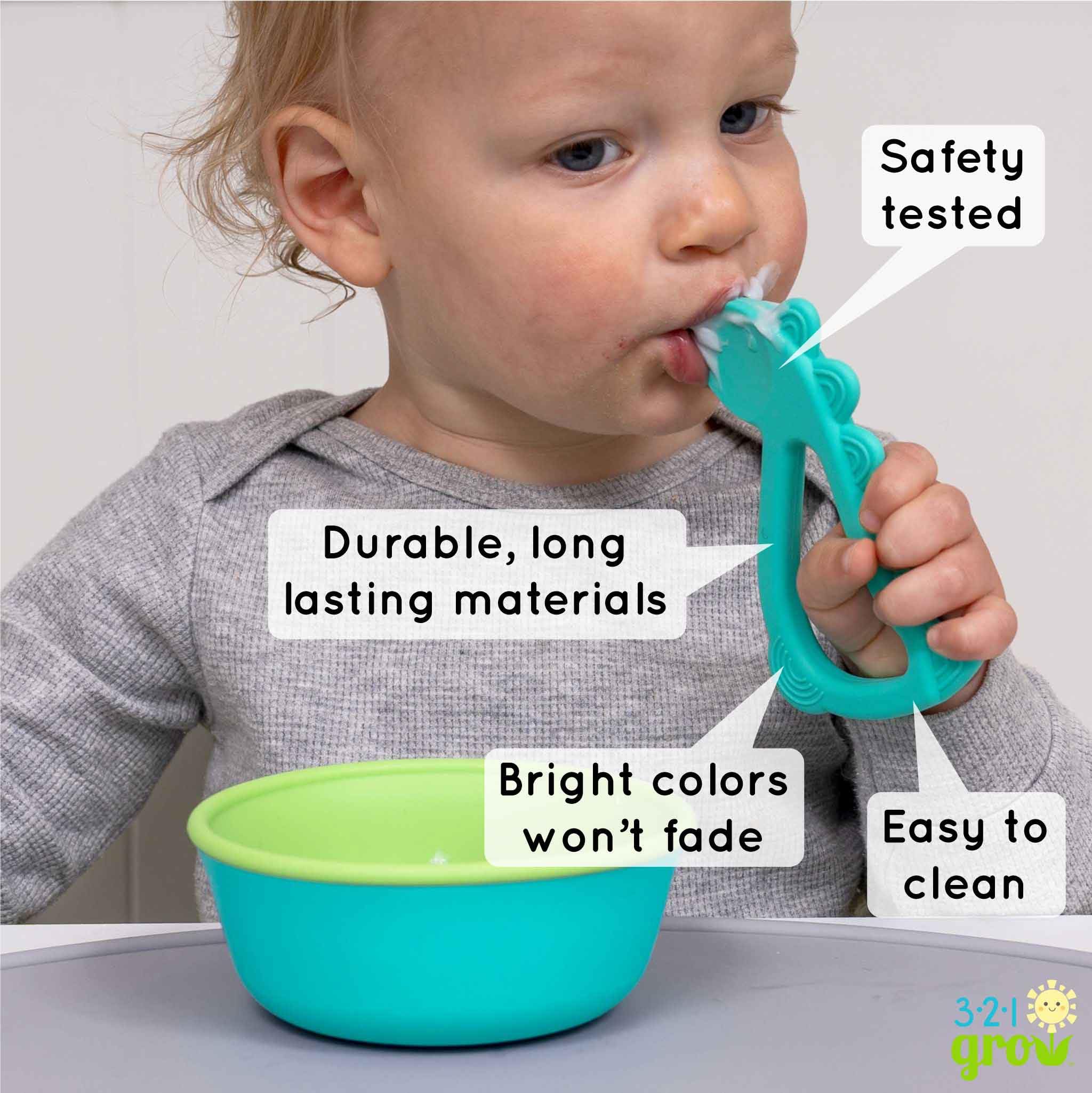 321 Grow Easy Learn Dino Spoon dishwasher-safe for quick cleanup after meals.