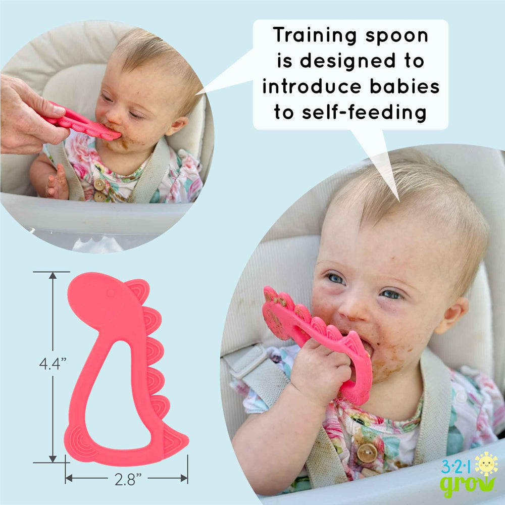 321 Grow Easy Learn Dino Spoon side-hold demonstrates comfortable grip for small hands.