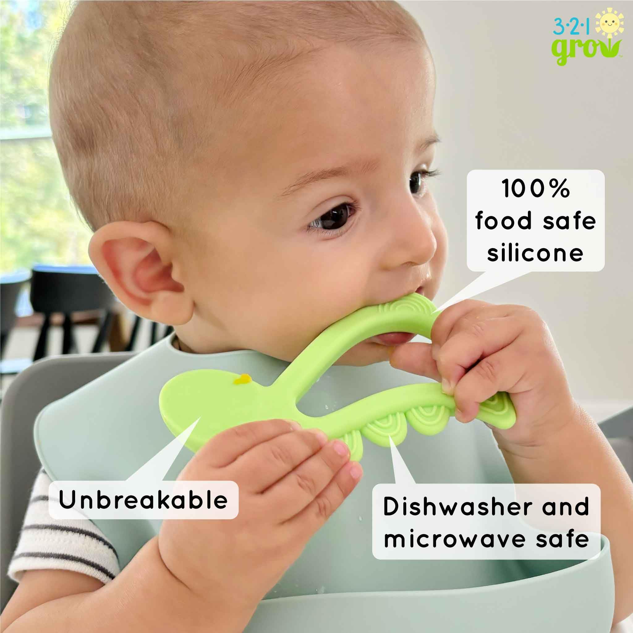 321 Grow Easy Learn Dino Spoon textured silicone for puree capture and teething relief.
