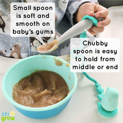 321 Grow Easy Learn spoon with tether in sea foam color for mealtime fun.