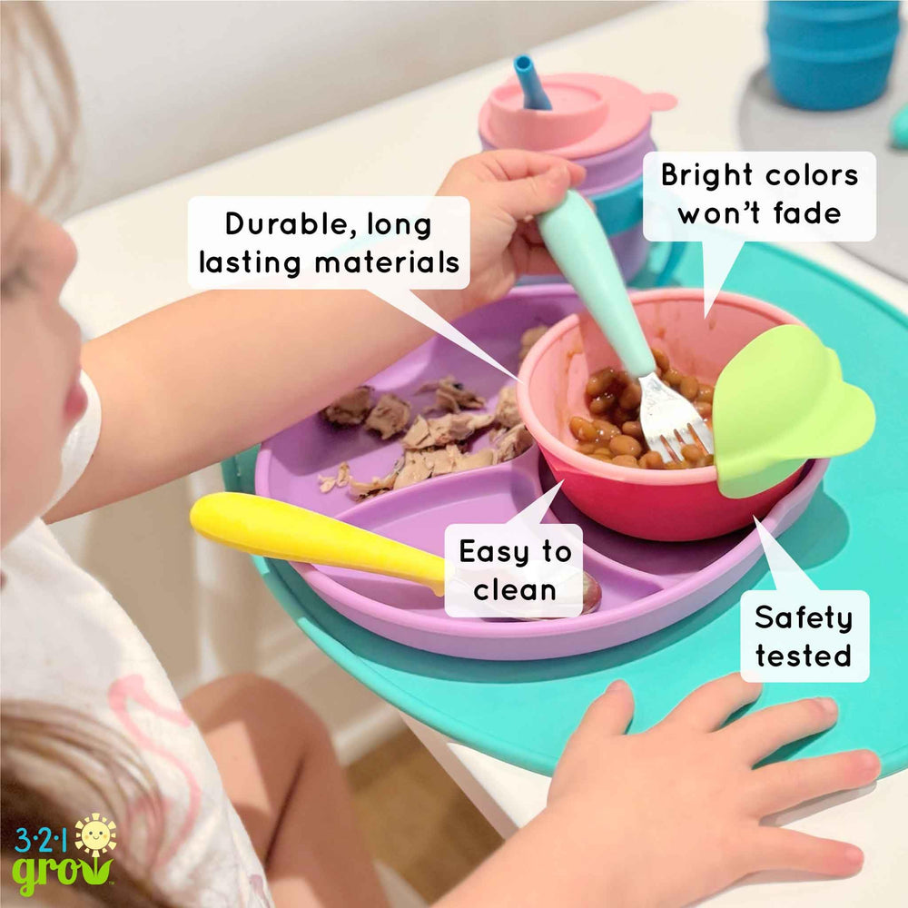 321 Grow silicone easy scoop dishwasher-safe for quick cleanup after meals.
