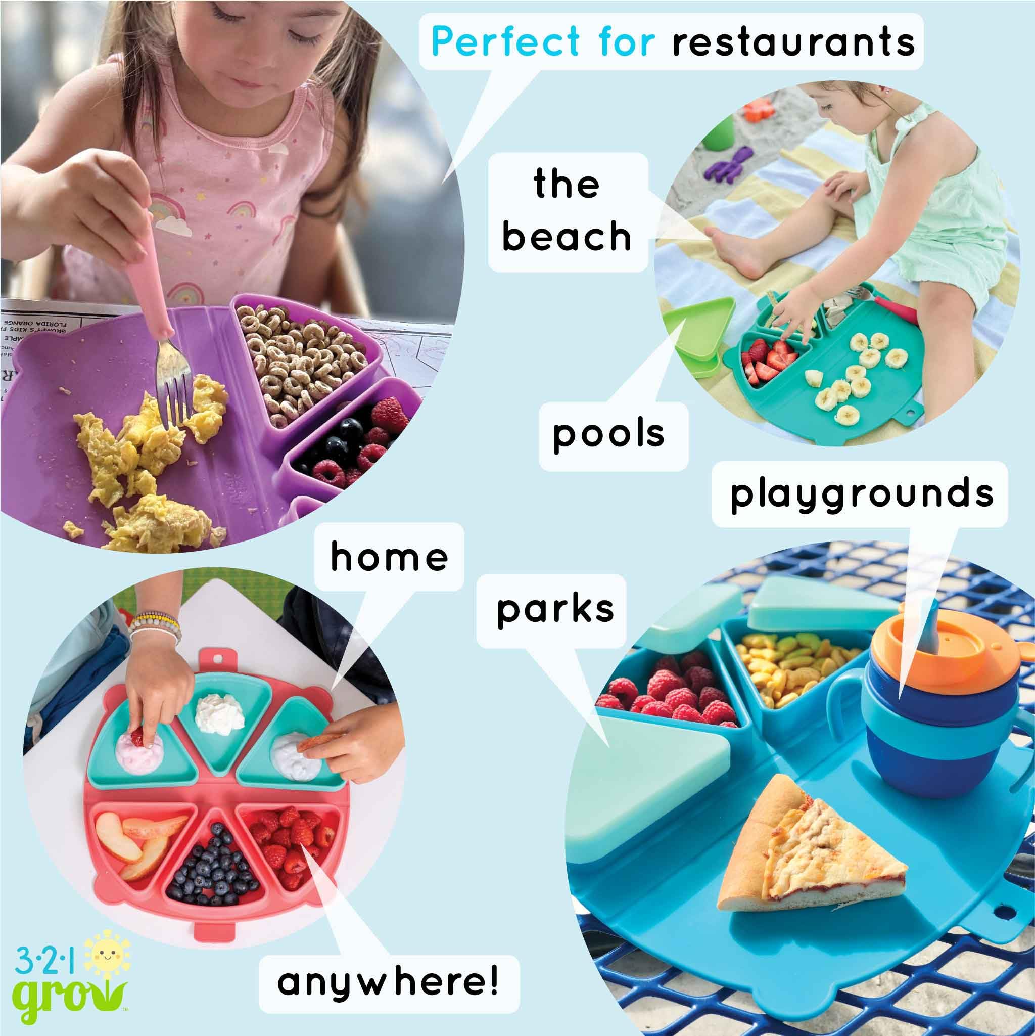 Dishwasher-safe silicone makes cleanup quick on 321 Grow snack mat