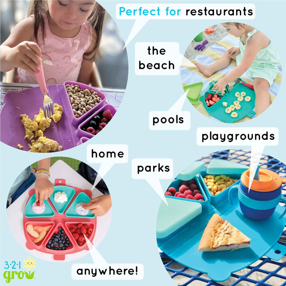 Dishwasher-safe silicone makes cleanup quick on 321 Grow snack mat