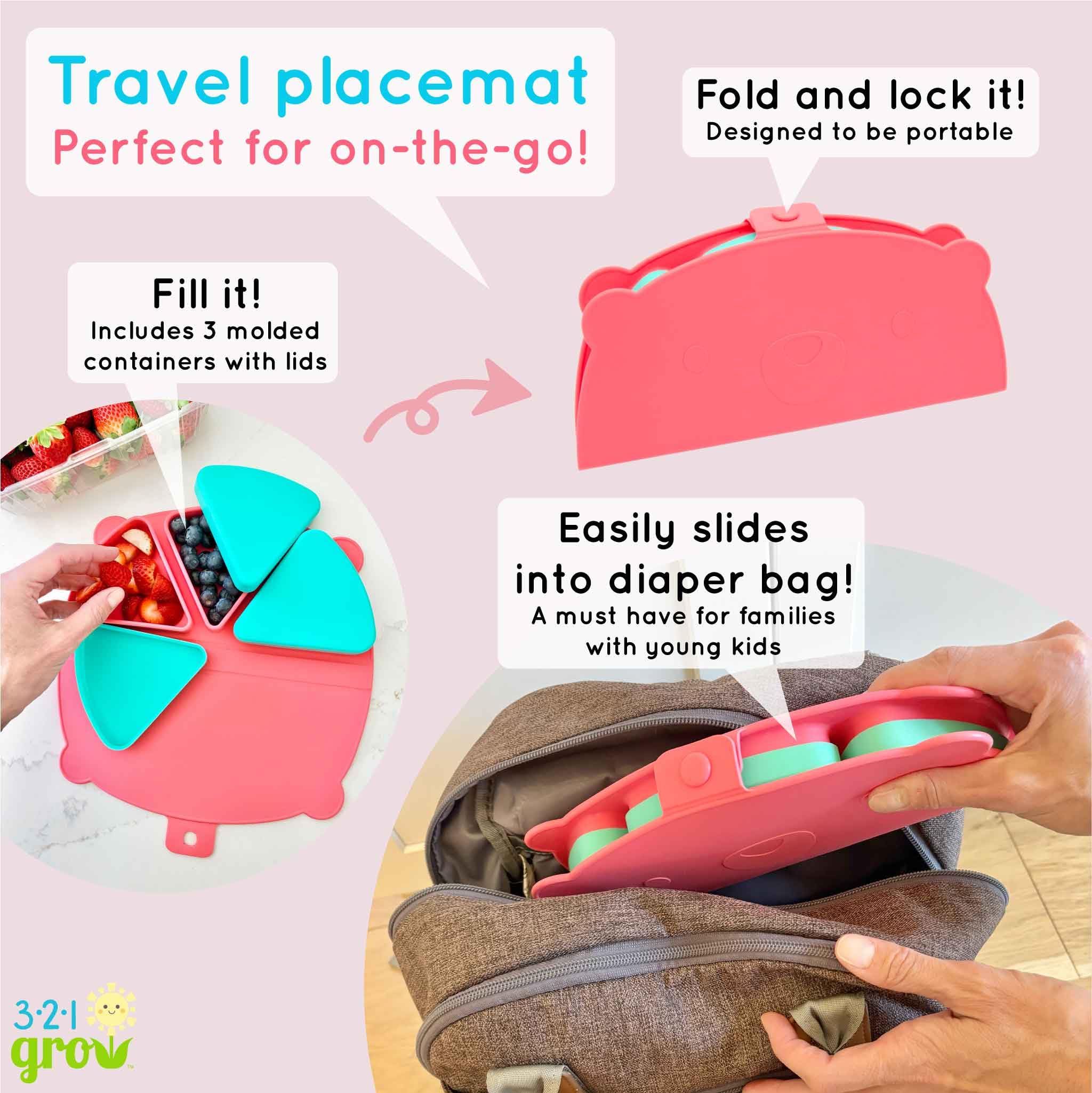 Folded travel-ready design on 321 Grow snack mat keeps snacks handy