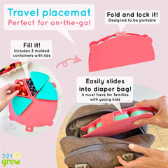 Folded travel-ready design on 321 Grow snack mat keeps snacks handy