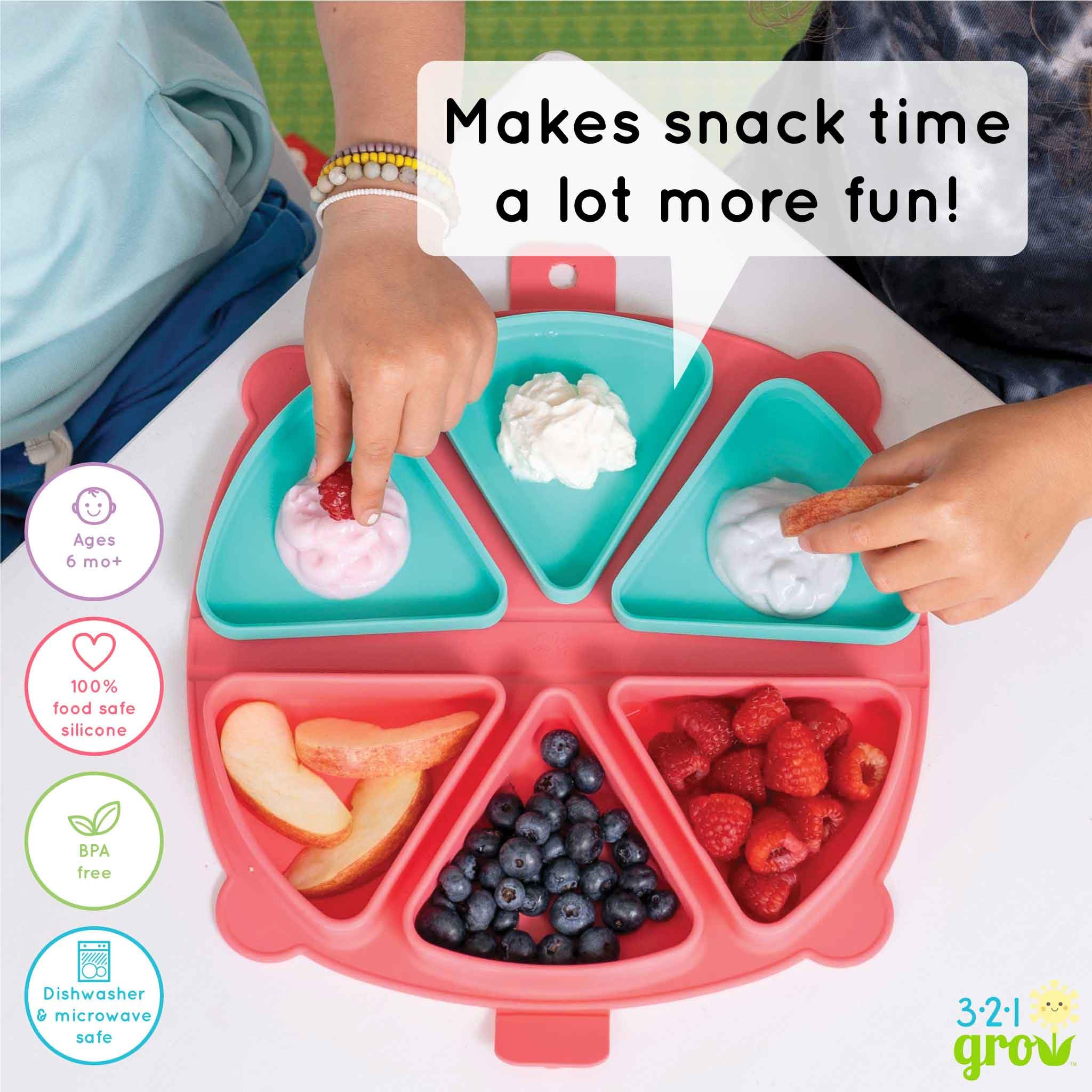 Travel-friendly fold-and-lock feature shown on 321 Grow snack mat