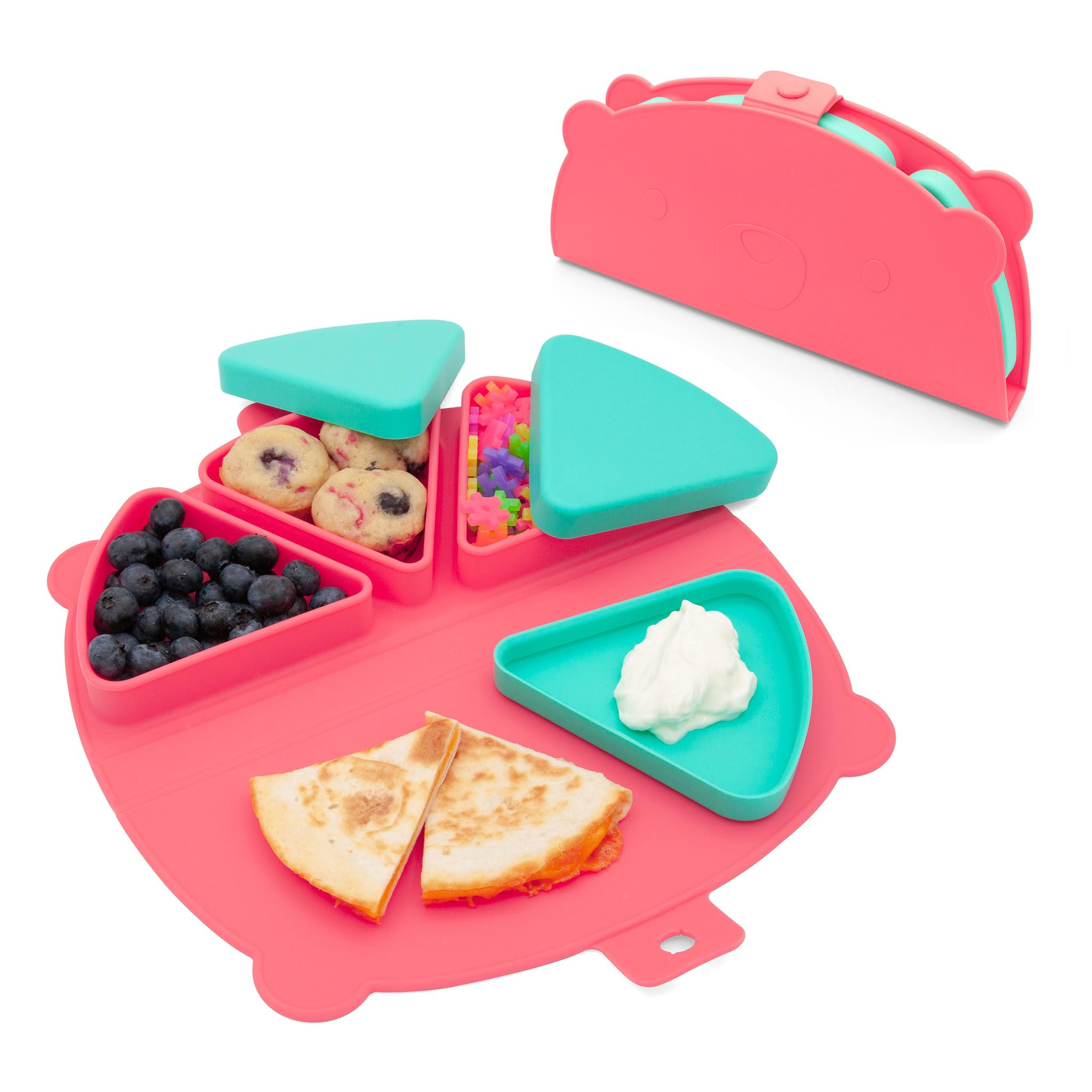 321 Grow silicone on-the-go snack mat unfolded with three containers for easy on-the-go snacking