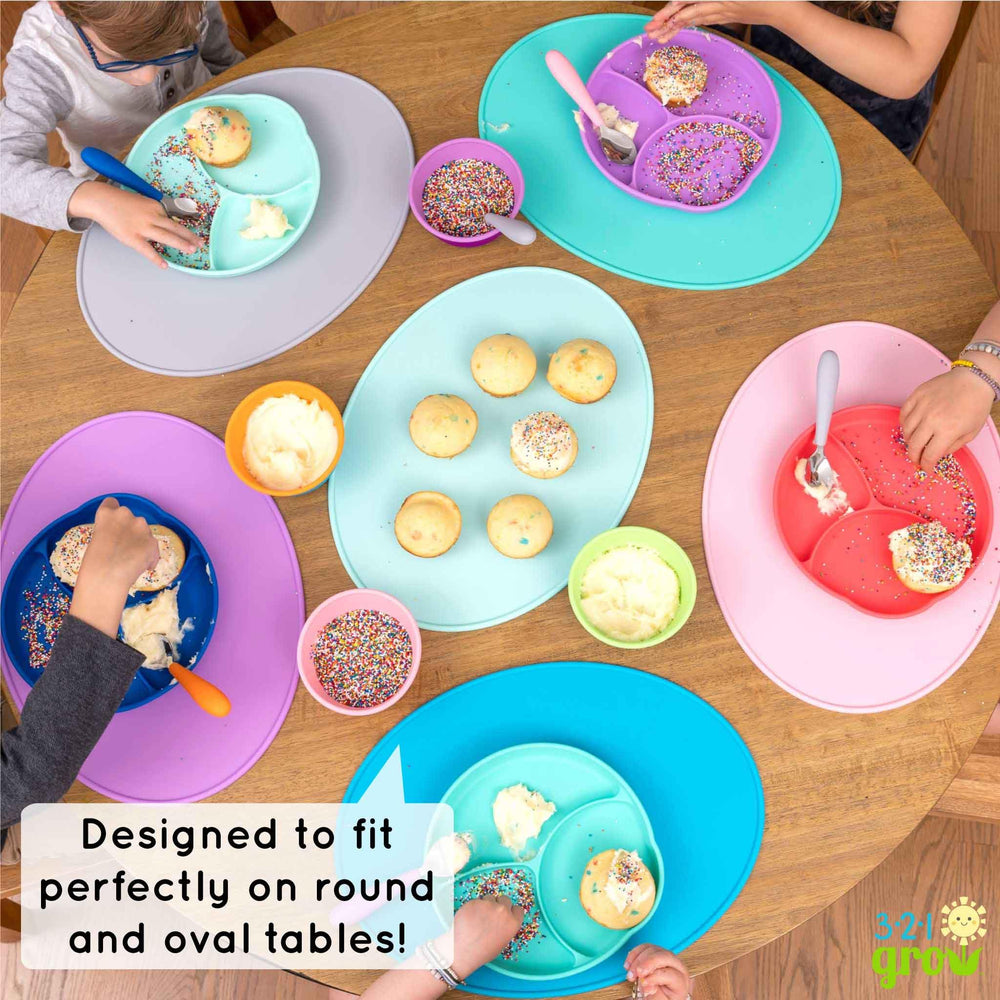 321 Grow Sit with Me placemat set is dishwasher safe for quick cleanup.