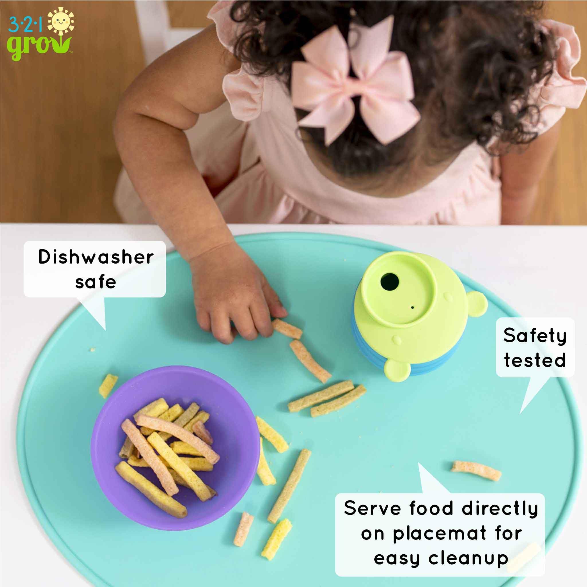 321 Grow Sit with Me placemat set on oval table demonstrates versatile fit.