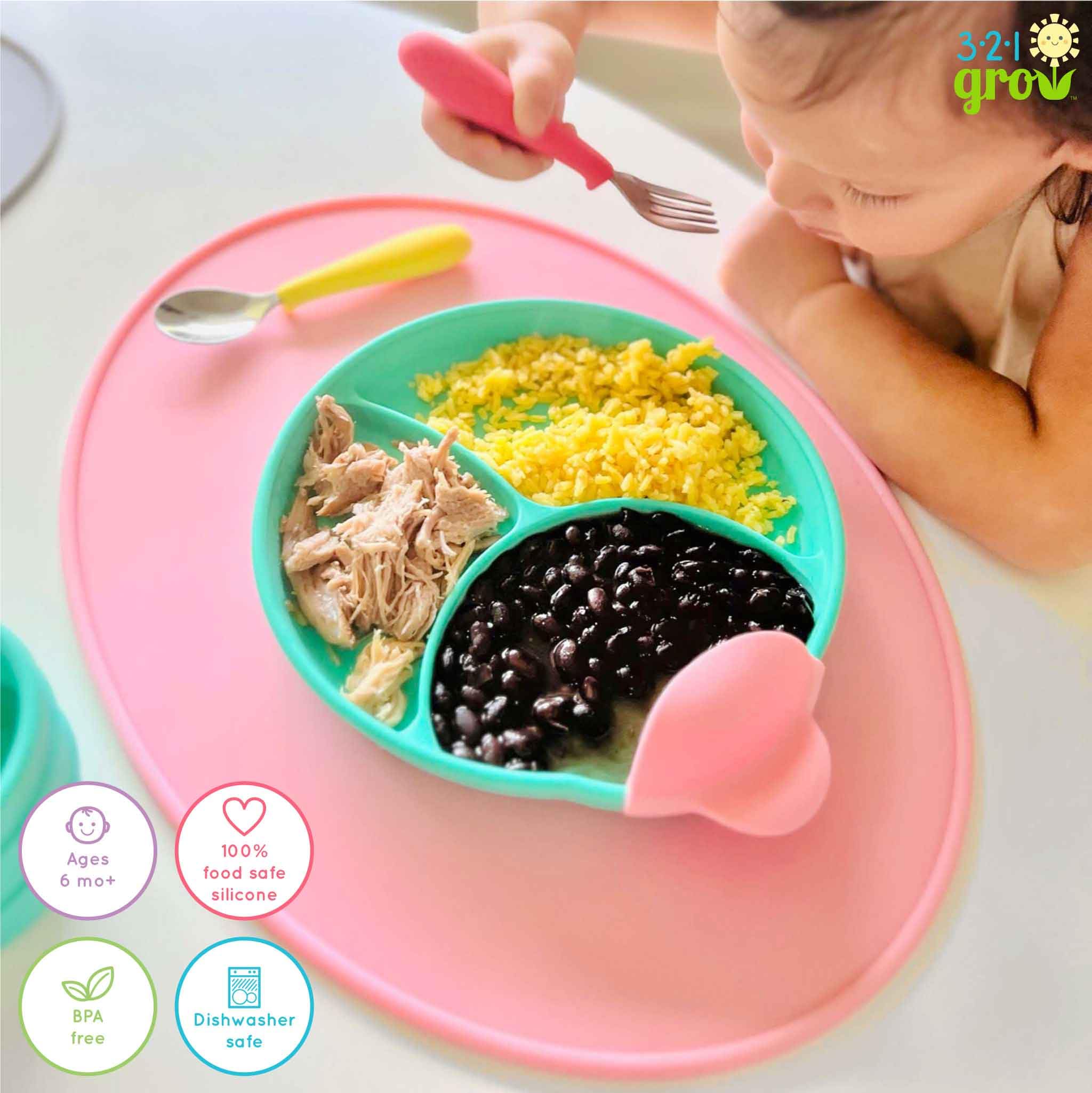 321 Grow Sit with Me placemat set silicone texture close-up highlights durability.