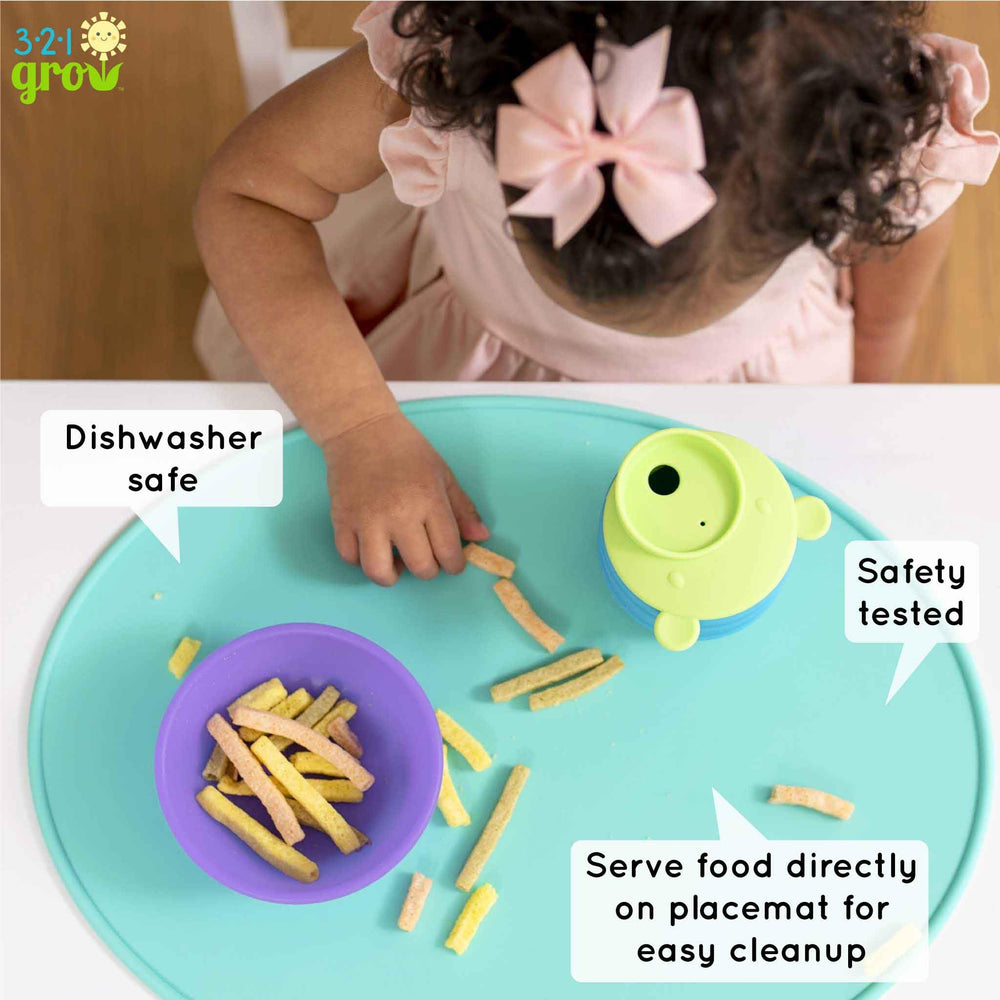 321 Grow Sit with Me placemat set easy roll-up for compact storage after meals.