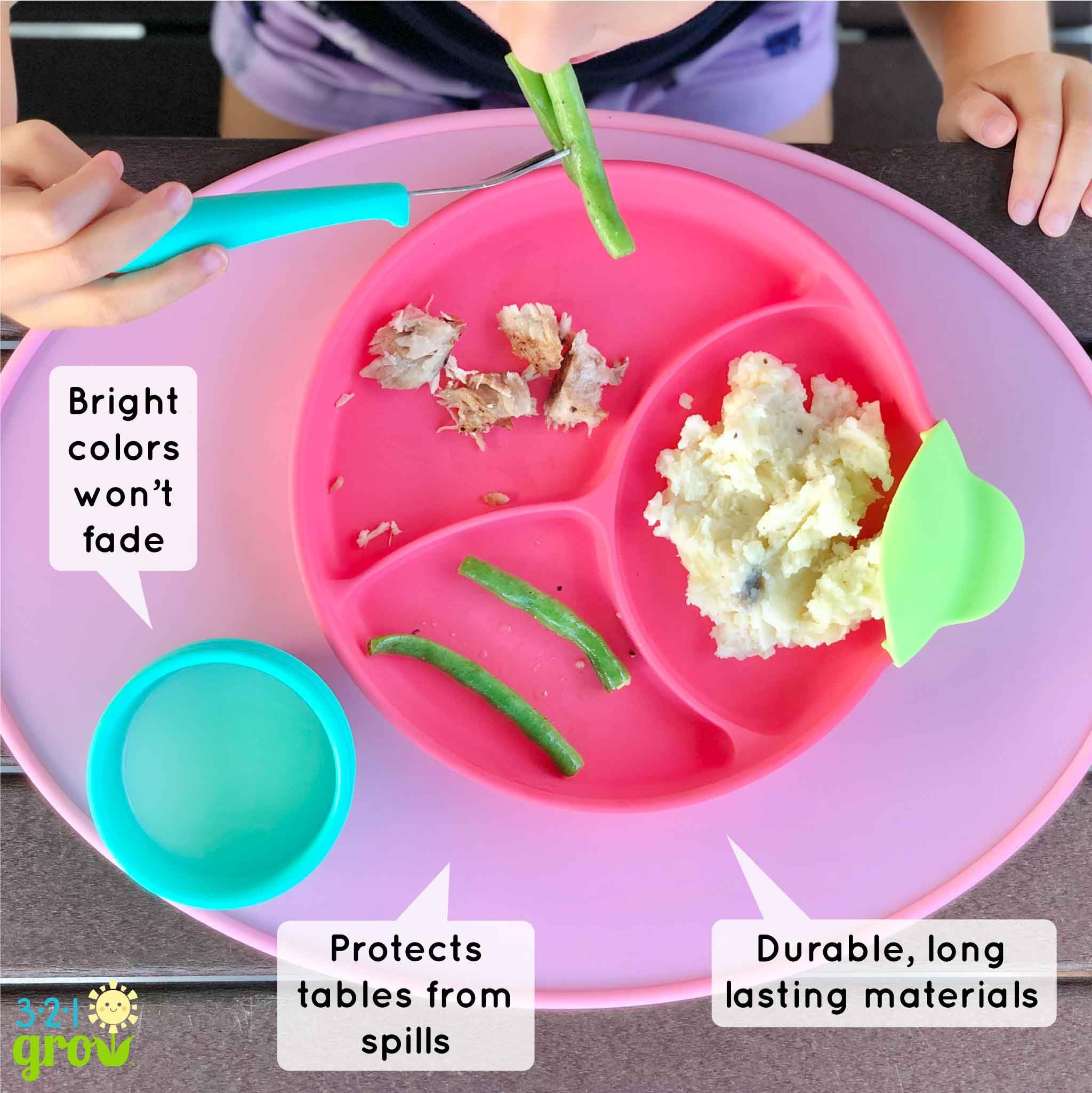 321 Grow Sit with Me placemat set non-slip surface keeps little diners in place.