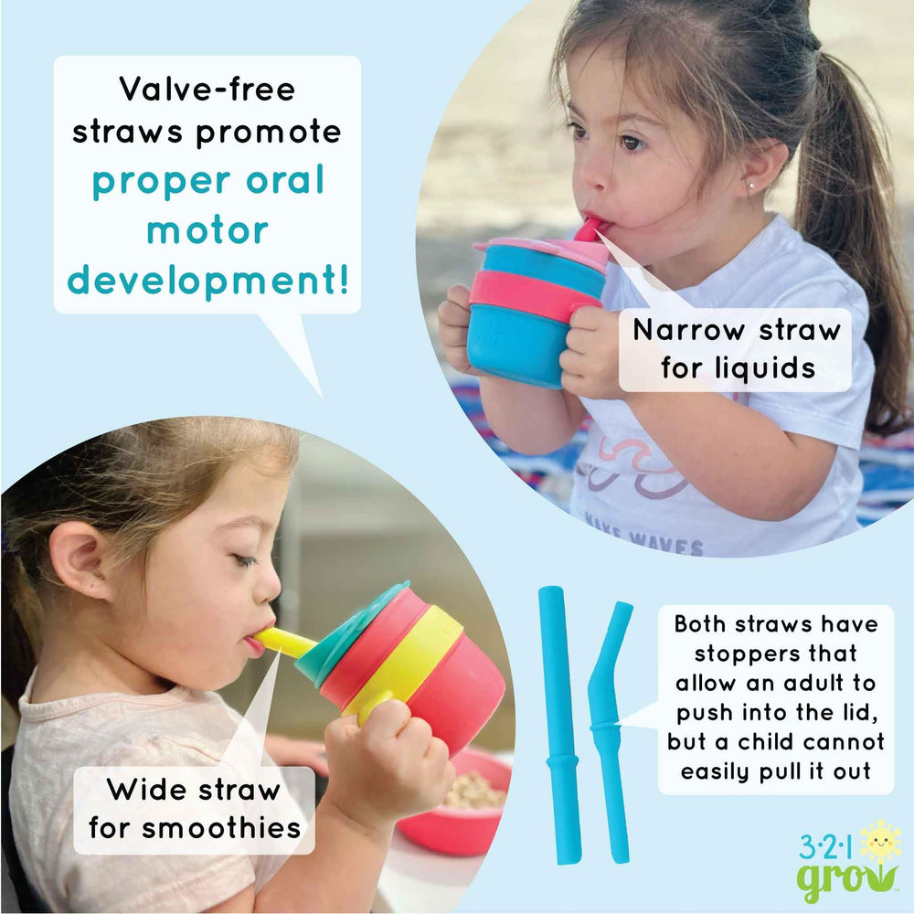 321 Grow Valve-free wide straw supports evolving sipping skills.