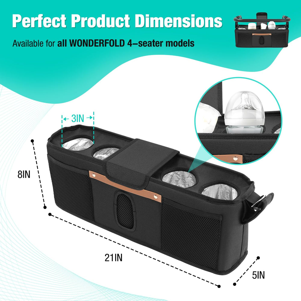 3 BUZZLETT stroller organizer with insulated cup holders and external pouches for on-the-go storage.