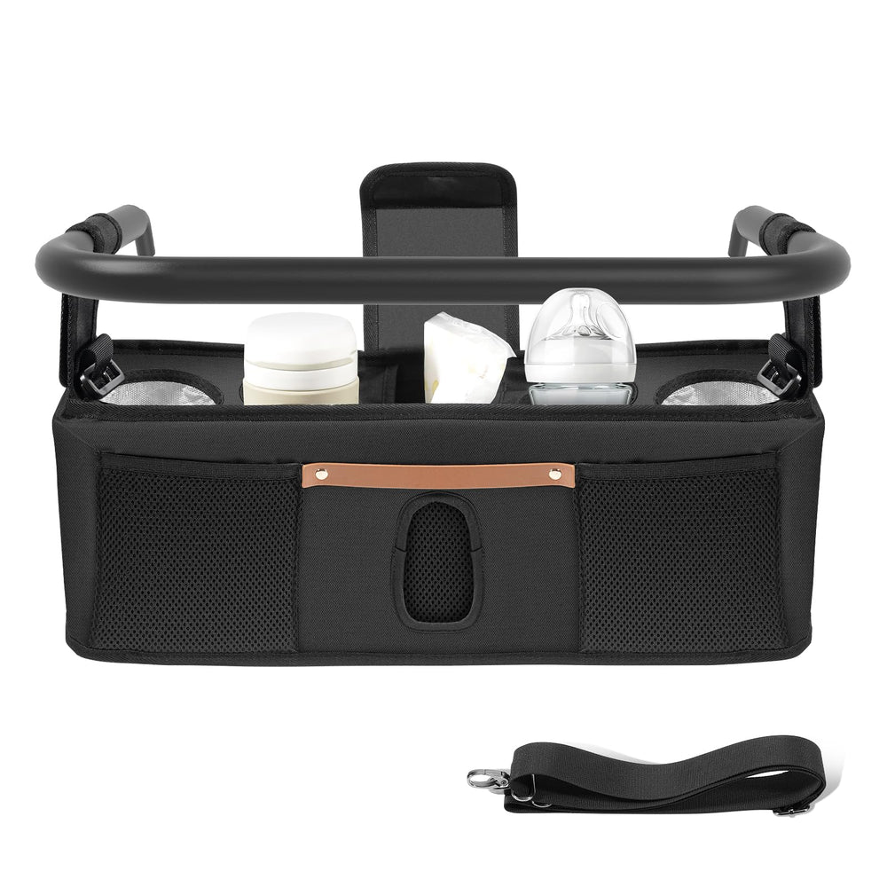 3 BUZZLETT parent console organizer attached to stroller handle with easy access to snacks.