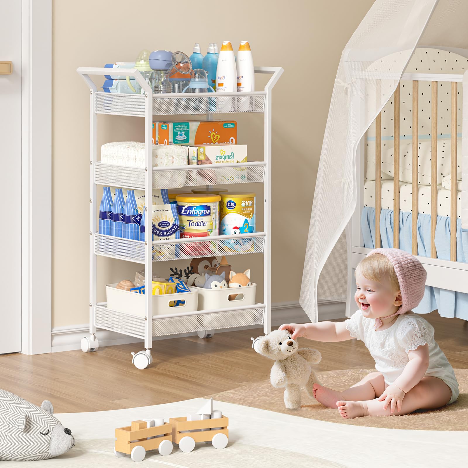 3IngSeagulls white nursery cart beside changing table keeps clutter organized.