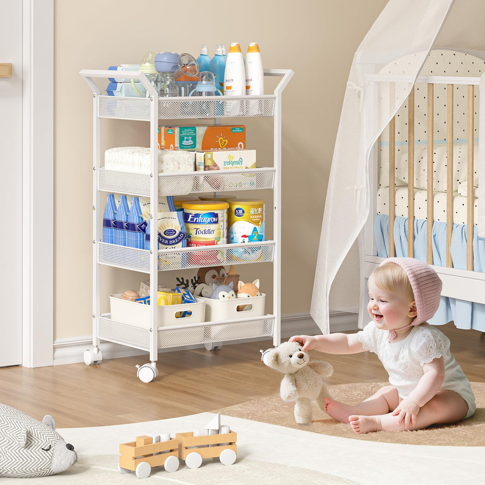 3IngSeagulls white nursery cart beside changing table keeps clutter organized.