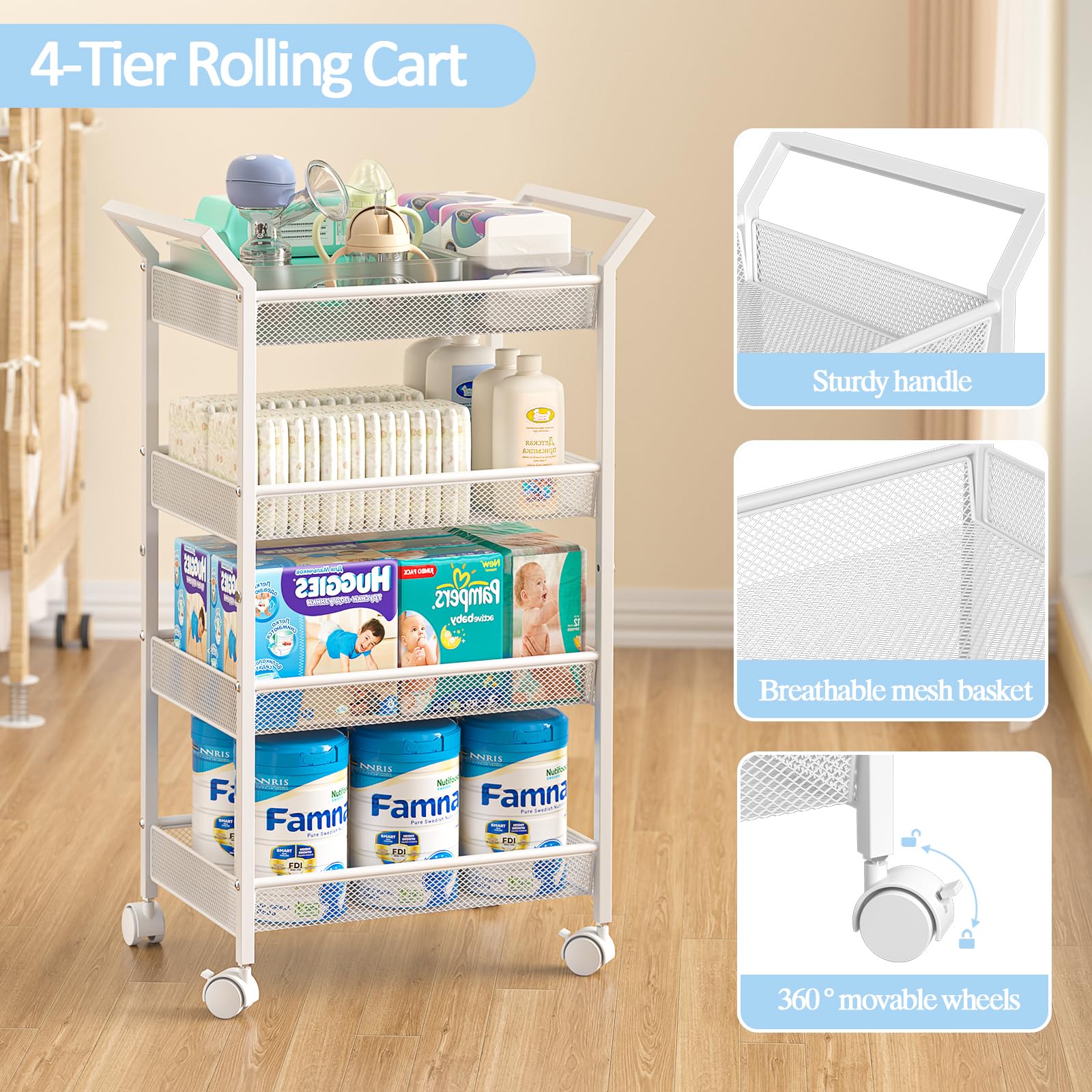 3IngSeagulls rolling diaper cart side view ideal for moving nursery supplies between rooms.