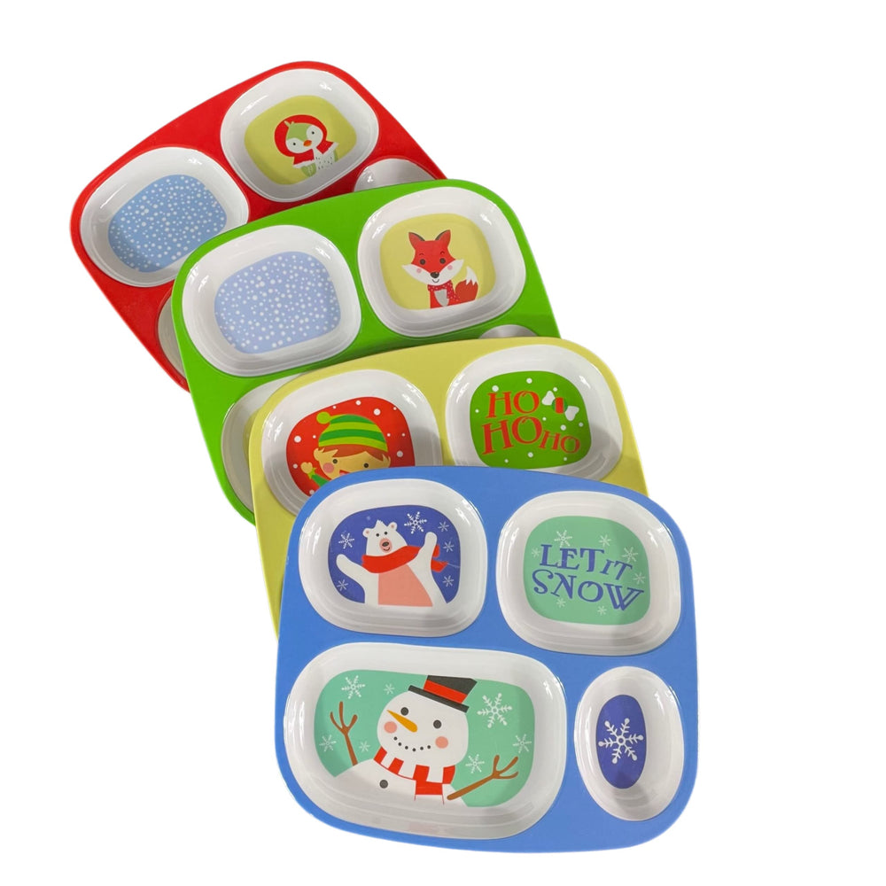4E's Novelty four-color divided plates with Santa, snowman, reindeer, and elf designs