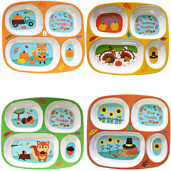 4E's Novelty divided fall plate supports portion control for toddlers.