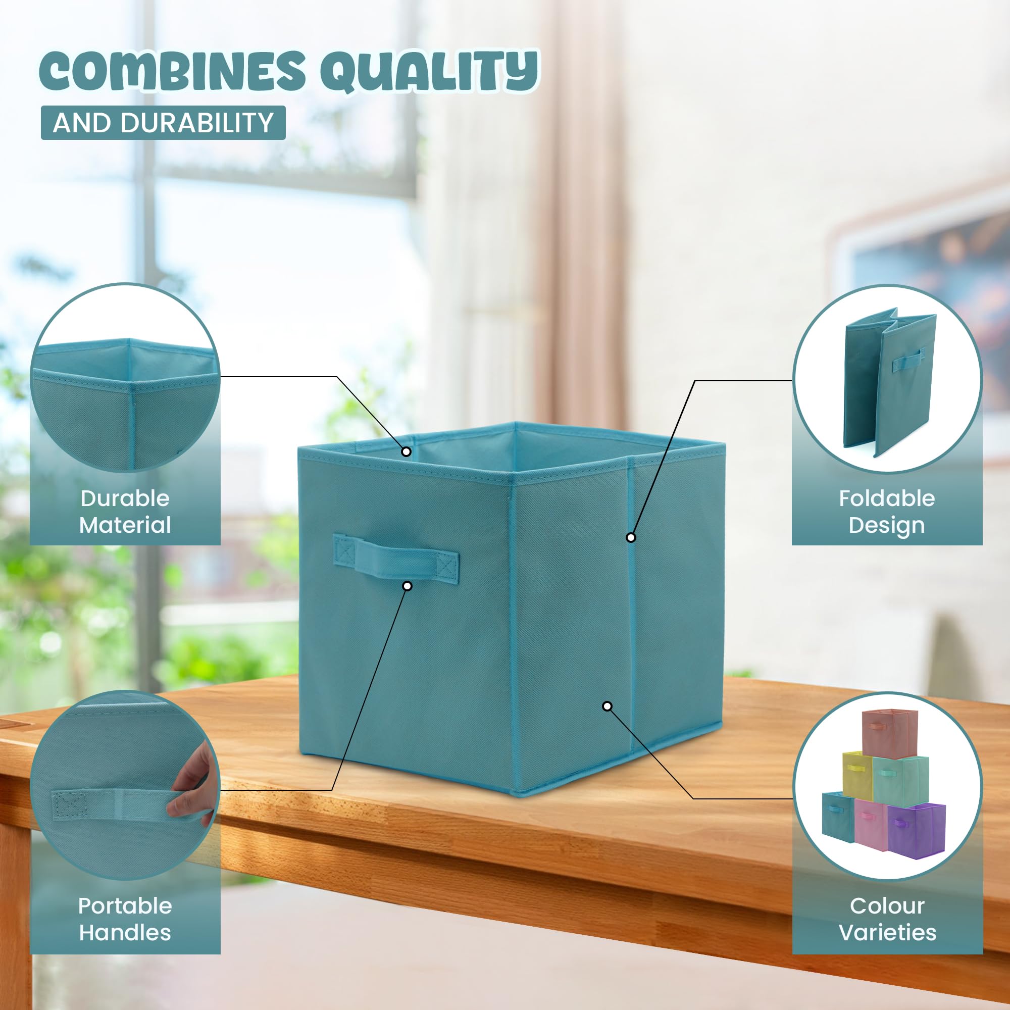 4E's Novelty baby blue bin supports tidy books and toys.