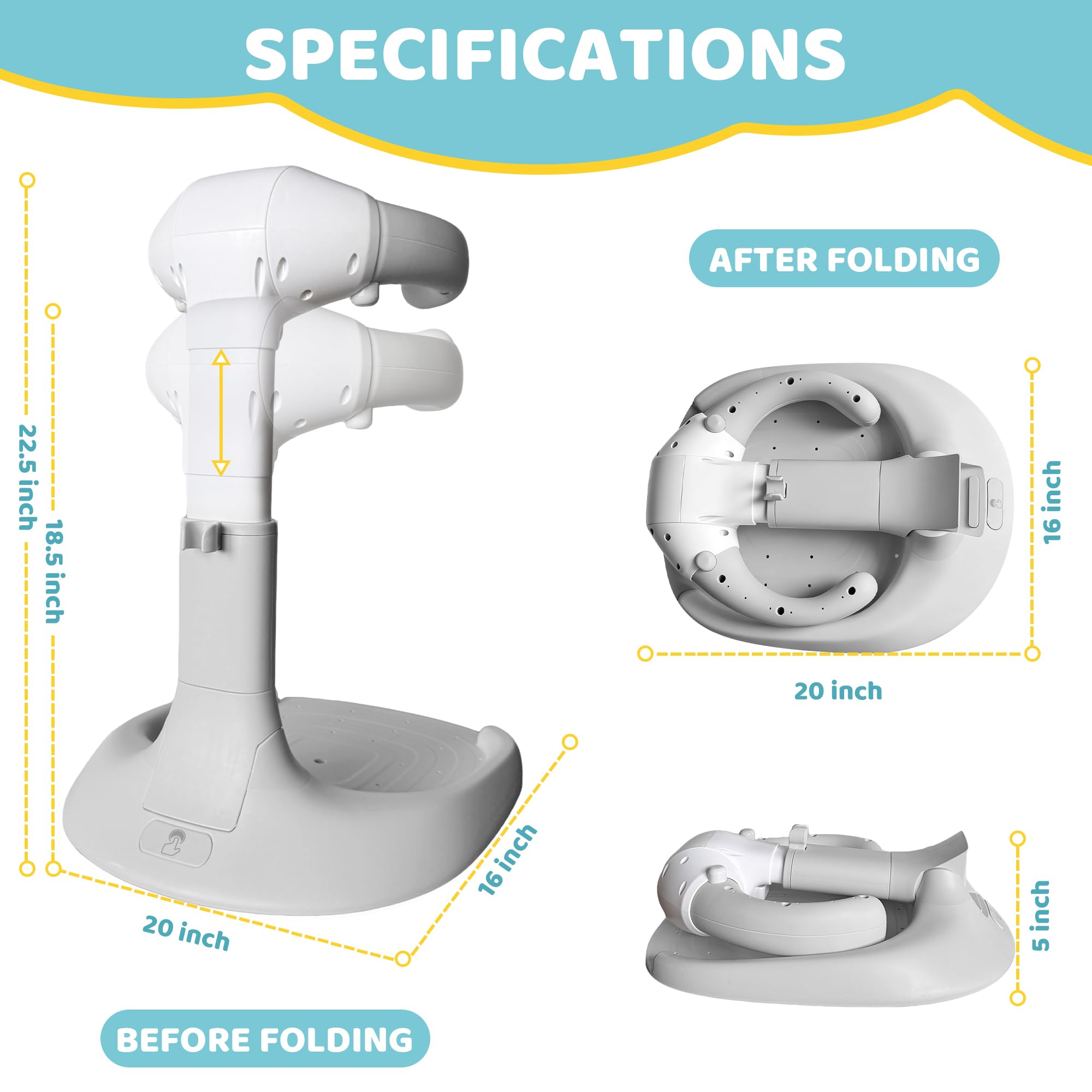 4our Kiddies adjustable-height shower stand fits growing babies.