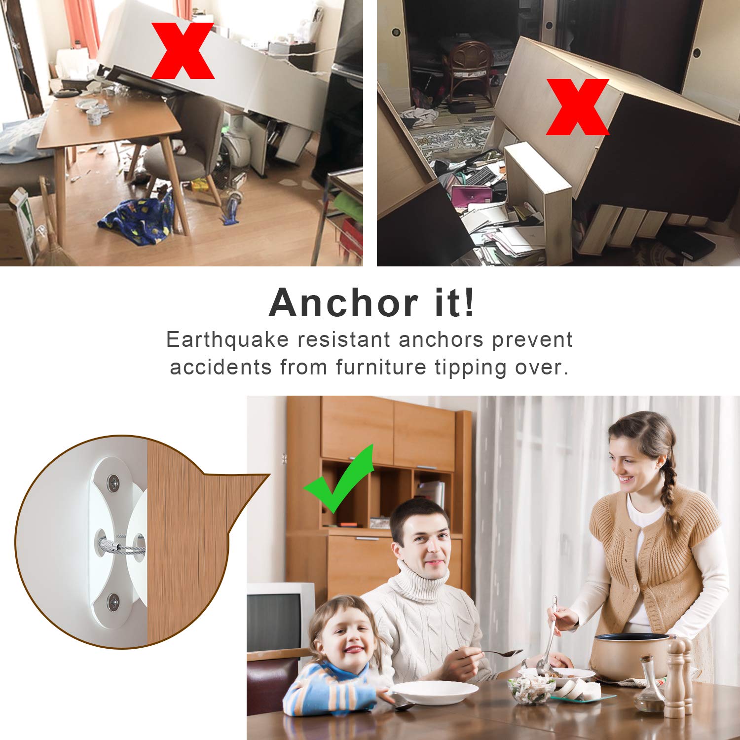 4our Kiddies anti-tip dresser anchor attached to wall for stability