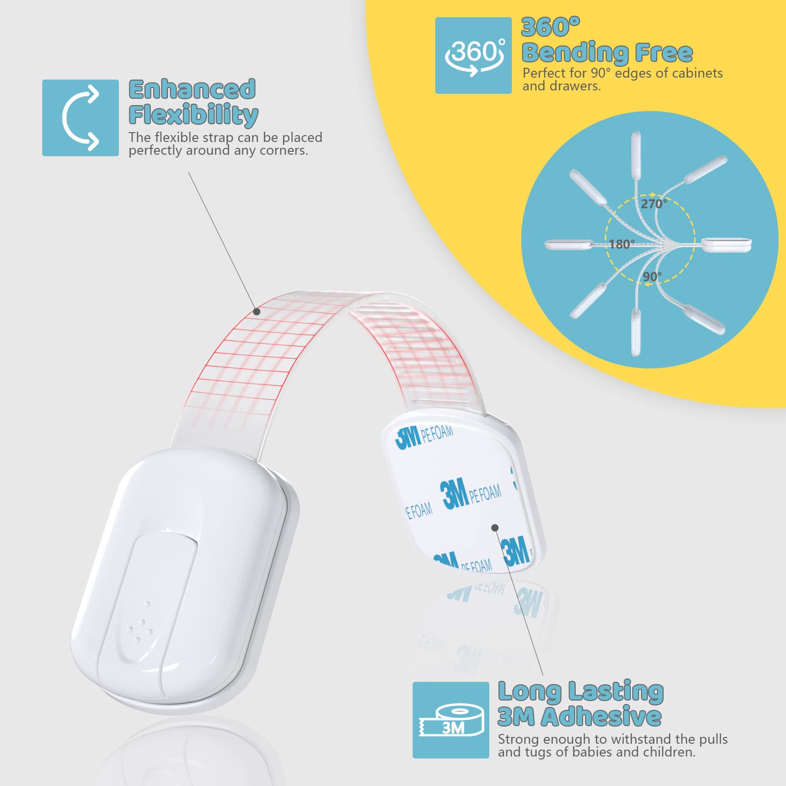4our Kiddies extra-long straps fit varied cabinet shapes for versatile baby-proofing