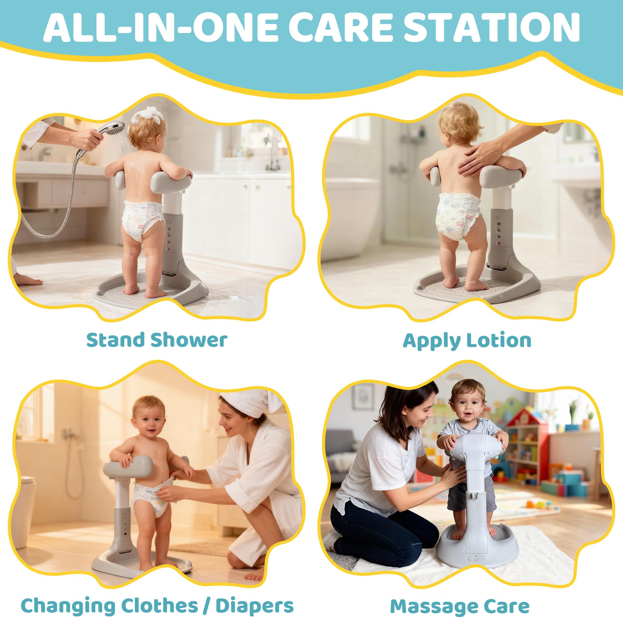 4our Kiddies wide-base with suction cups prevents tipping.