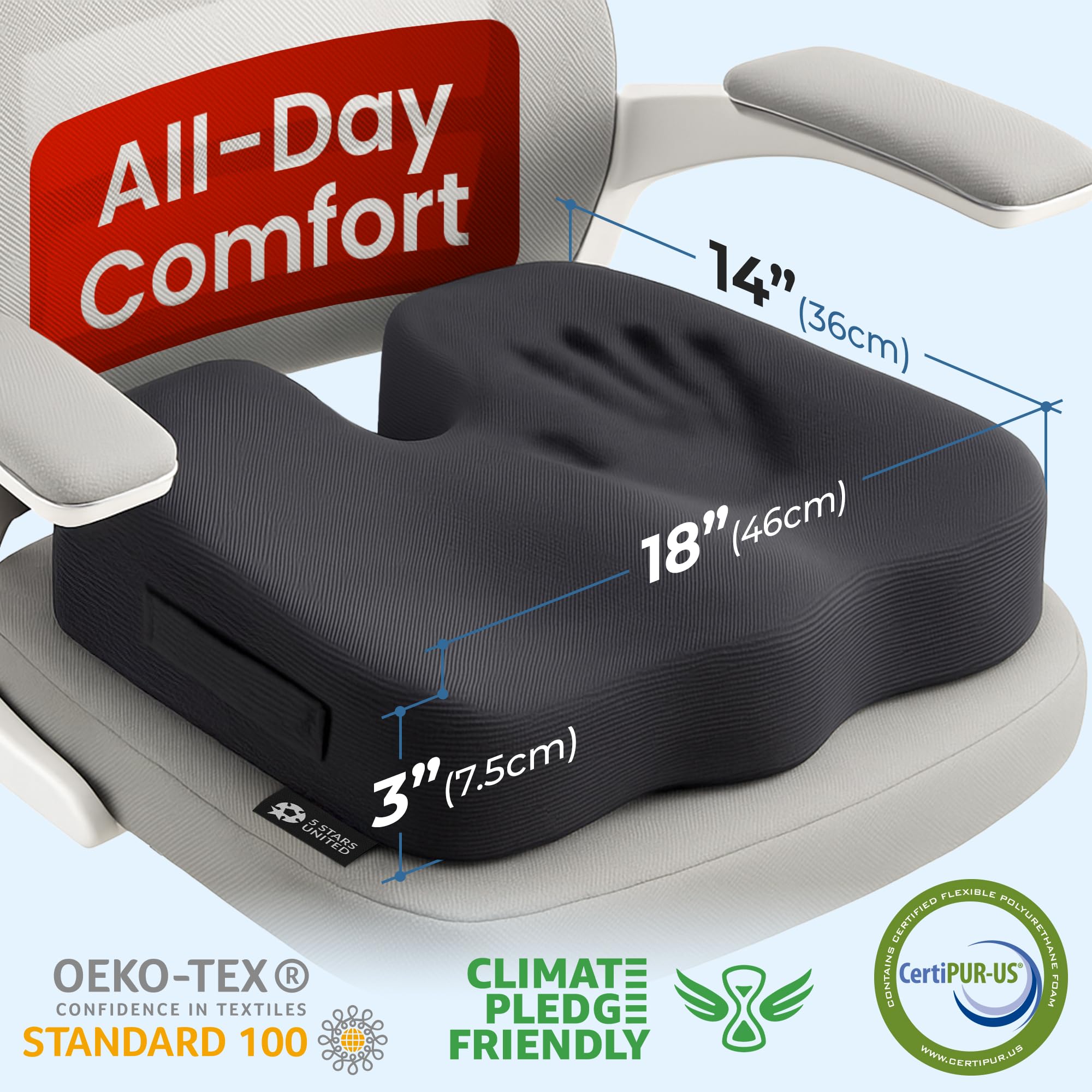 5 STARS UNITED seat cushion provides pressure-relief for spinal comfort.