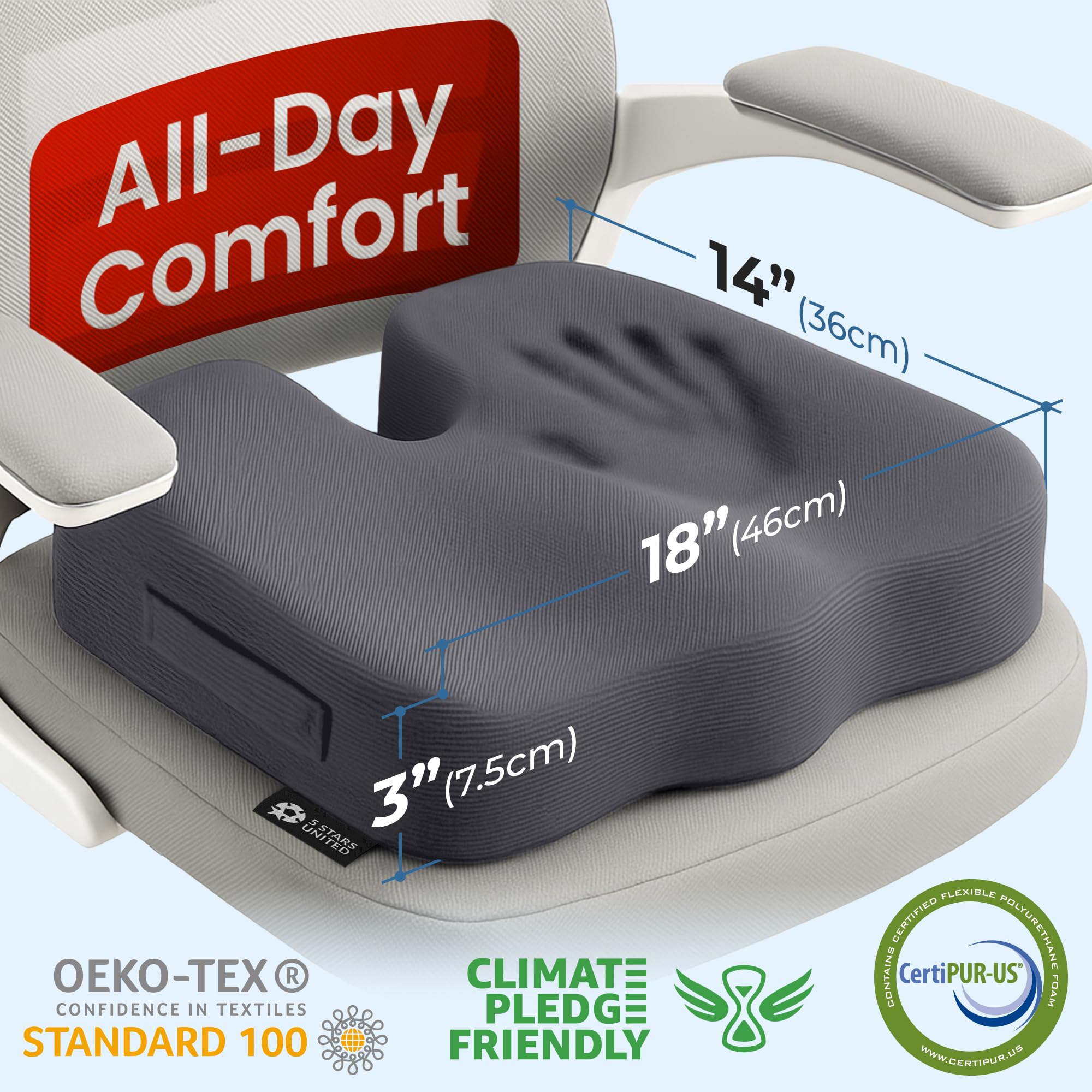 Memory foam core of the 5 STARS UNITED cushion adapts to your body for tailbone support
