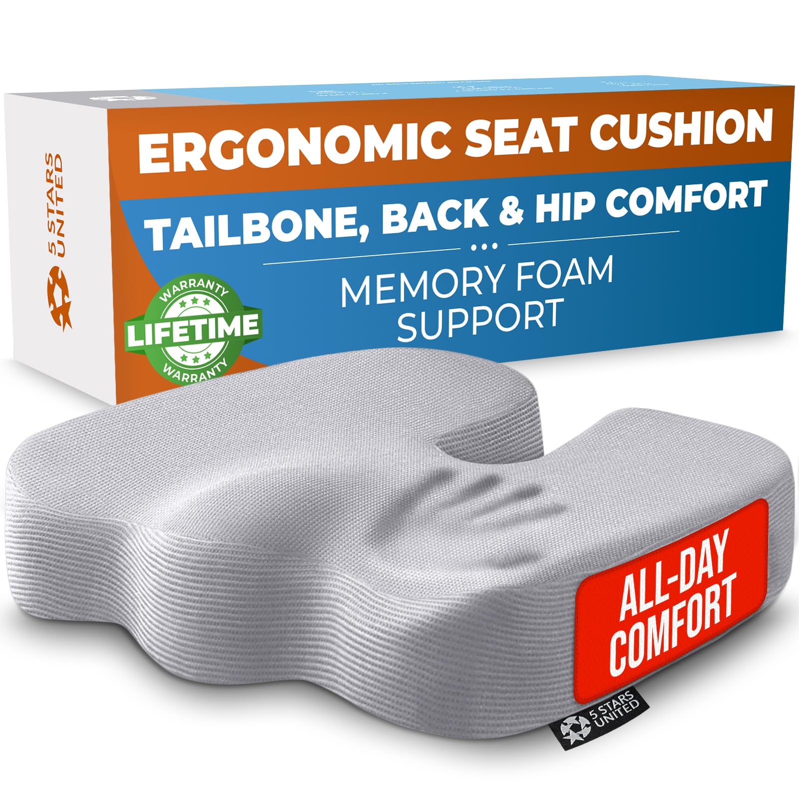 5 STARS UNITED seat cushion tailbone support for coccyx comfort on long work days