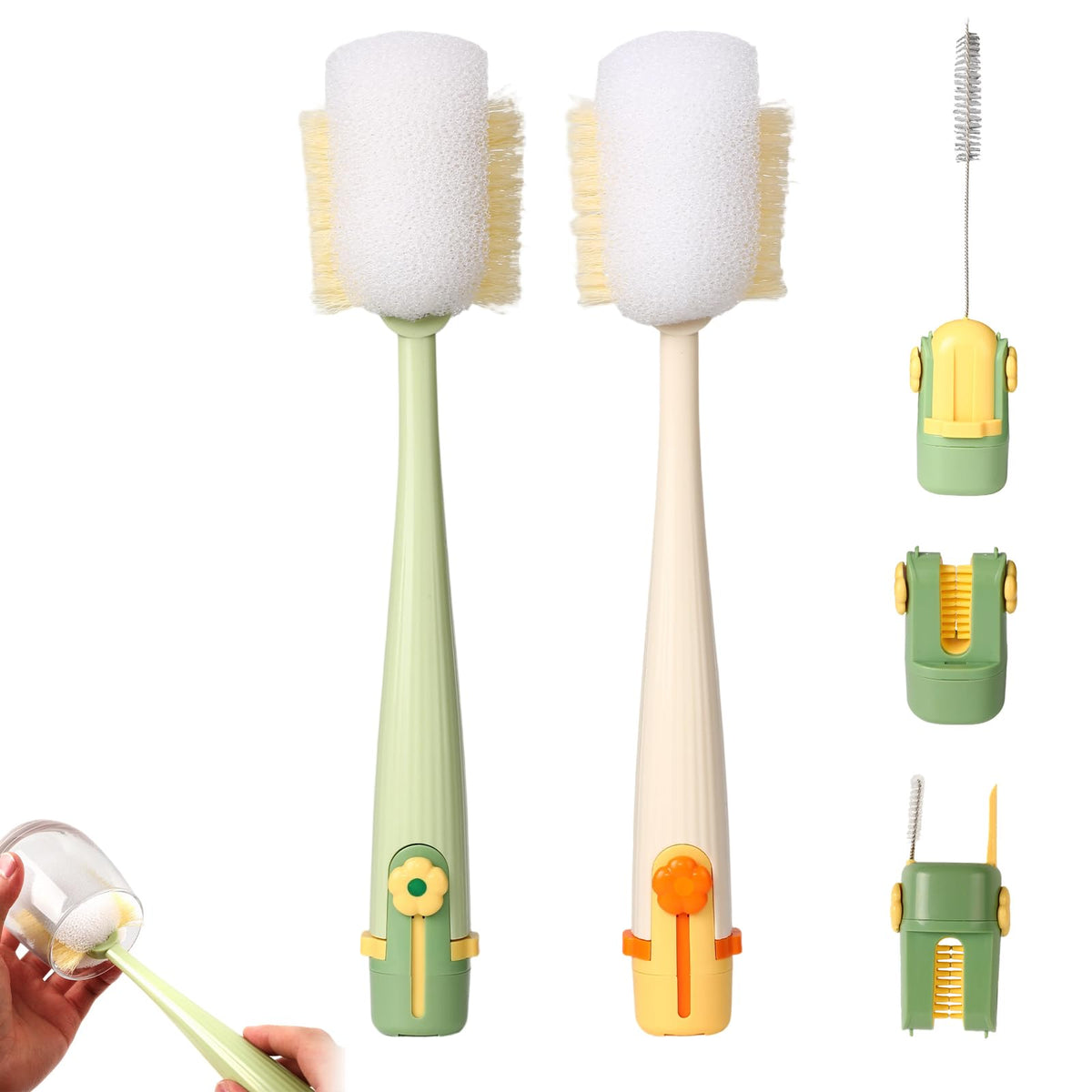 5in1 bottle cleaning brush set with long handle reaches deep bottle necks