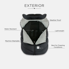 7 A M Cocoon water-repellent shell keeps baby dry in wet weather
