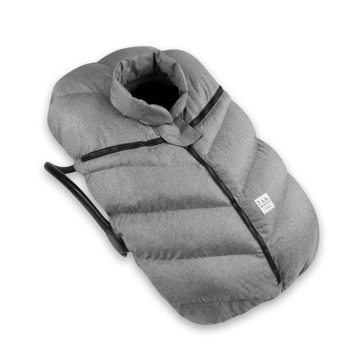 7 A.M. Cocoon cover front view; universal fit keeps baby warm and protected.