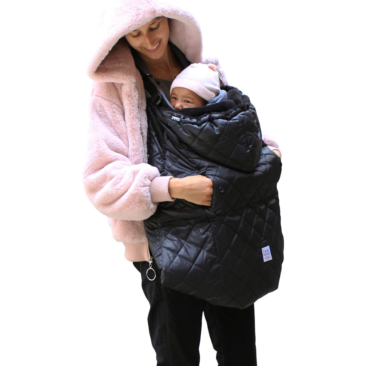 7AM Enfant K-Poncho universal cover over a baby carrier showing warm plush lining