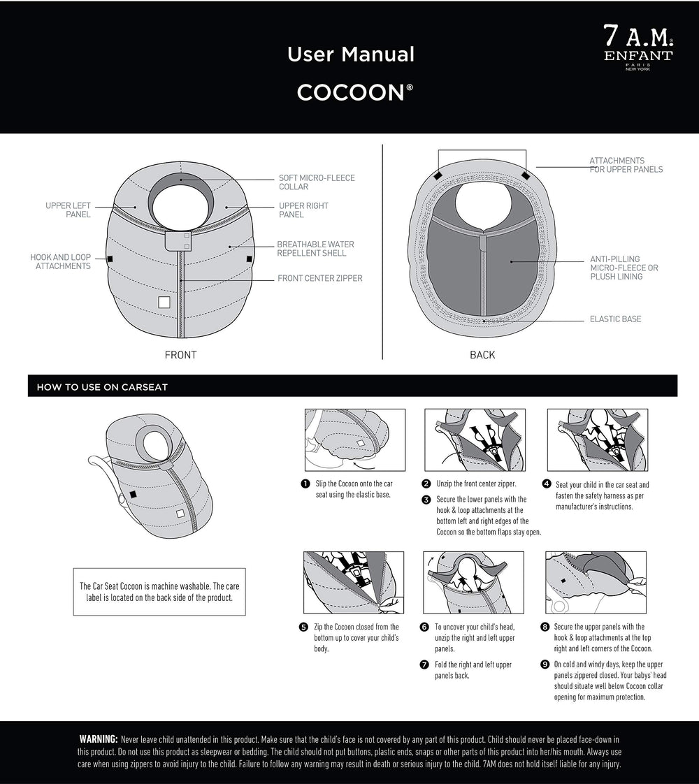 Machine-washable 7AM Enfant cocoon for simple cleaning after outings