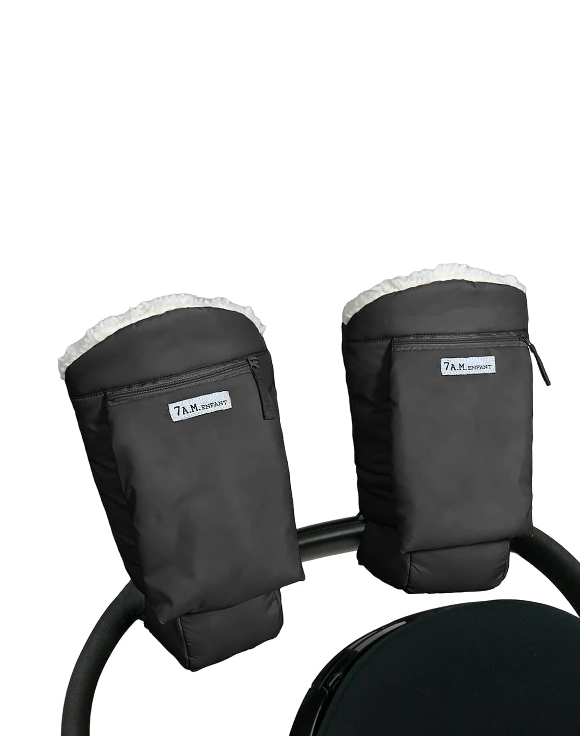 7 A.M. Enfant warmmuffs attach easily to most strollers for cold weather.