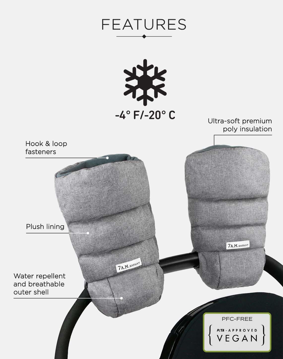 7 A.M. Enfant Warmmuffs water-repellent outer shell keeps hands dry.