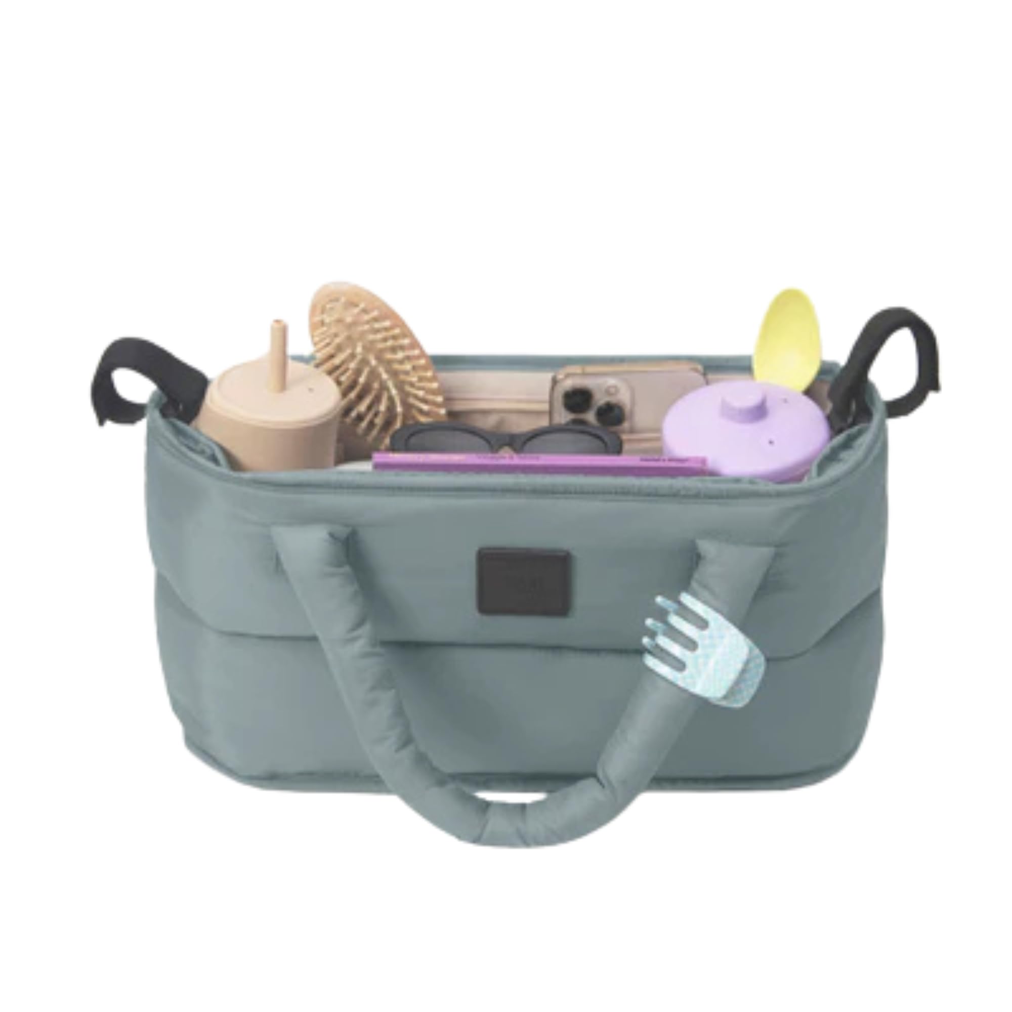 7 A.M. stroller caddy with cup holder for on-the-go drinks.
