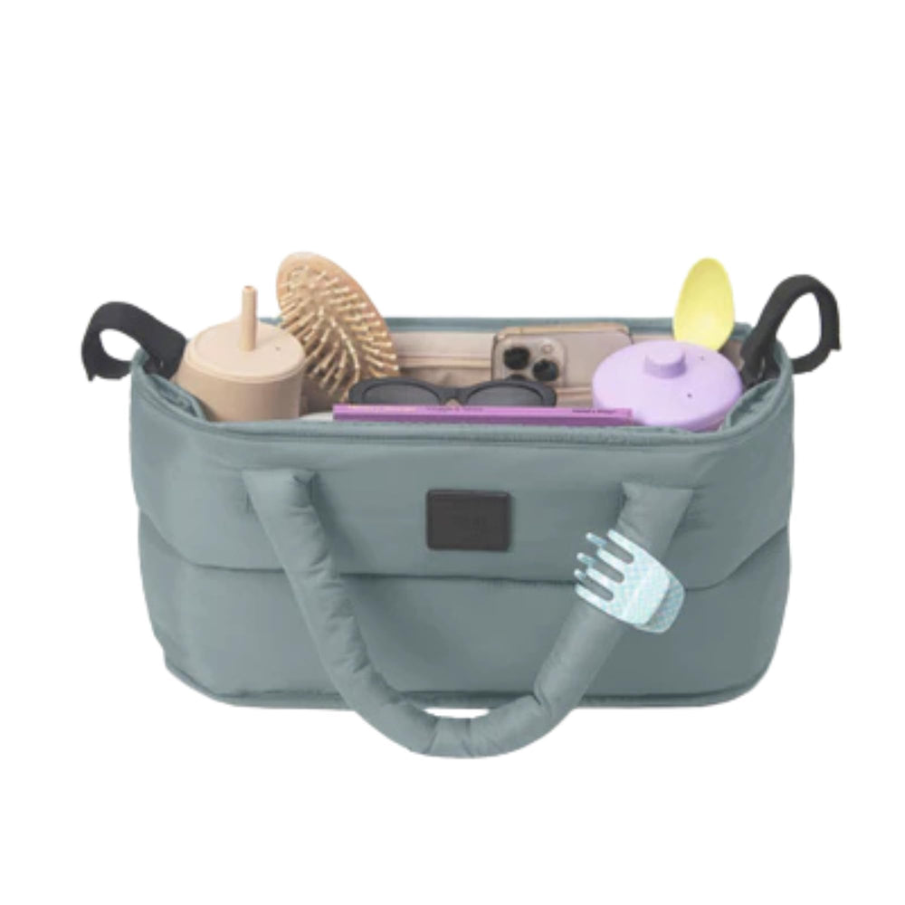7 A.M. stroller caddy with cup holder for on-the-go drinks.
