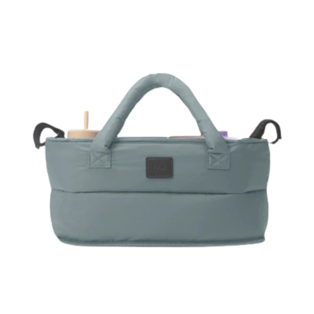 Three open compartments keep bottles, wipes, and snacks organized.