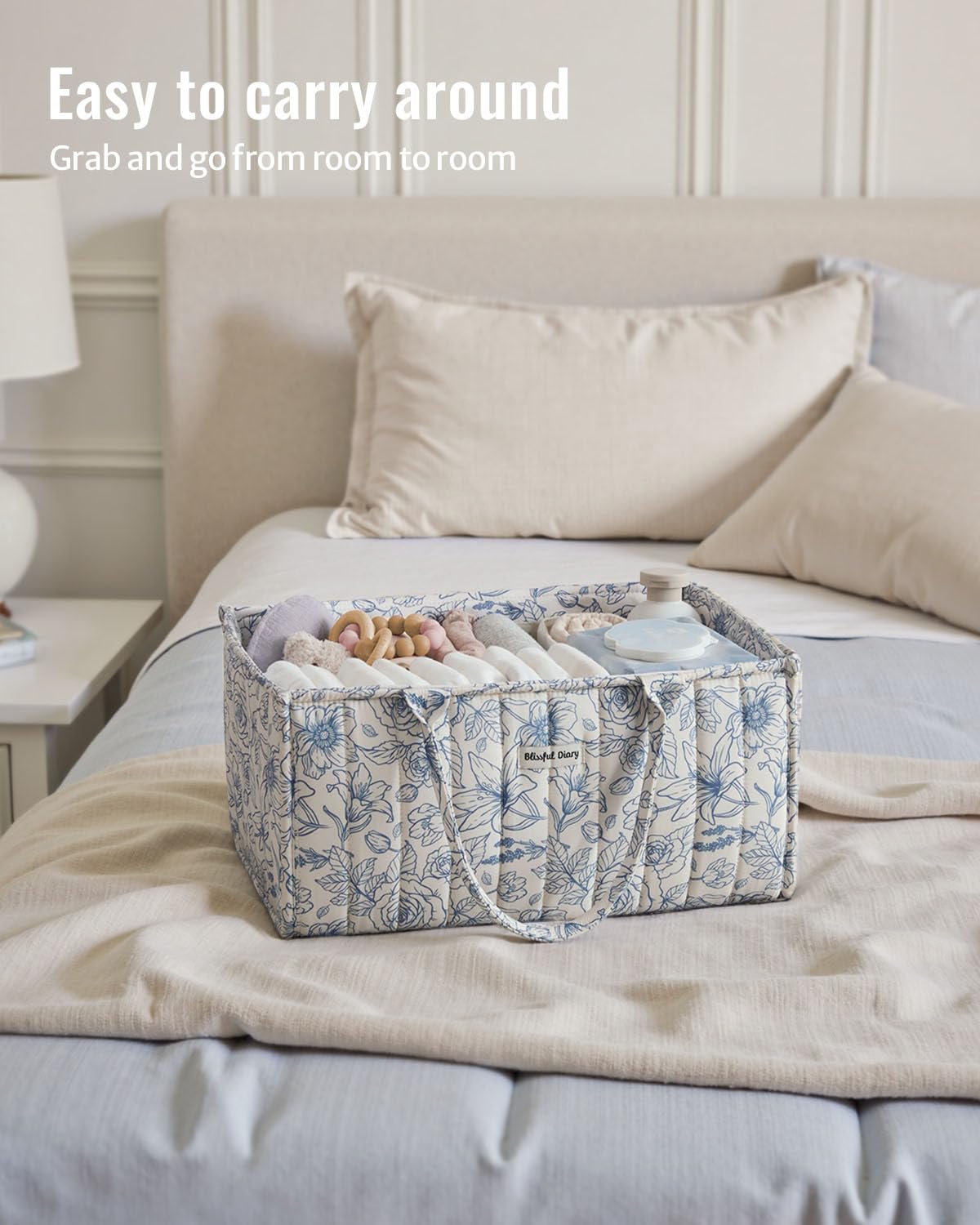 Blissful Diary Floral Diaper Caddy in a nursery-style space with calming blue florals.