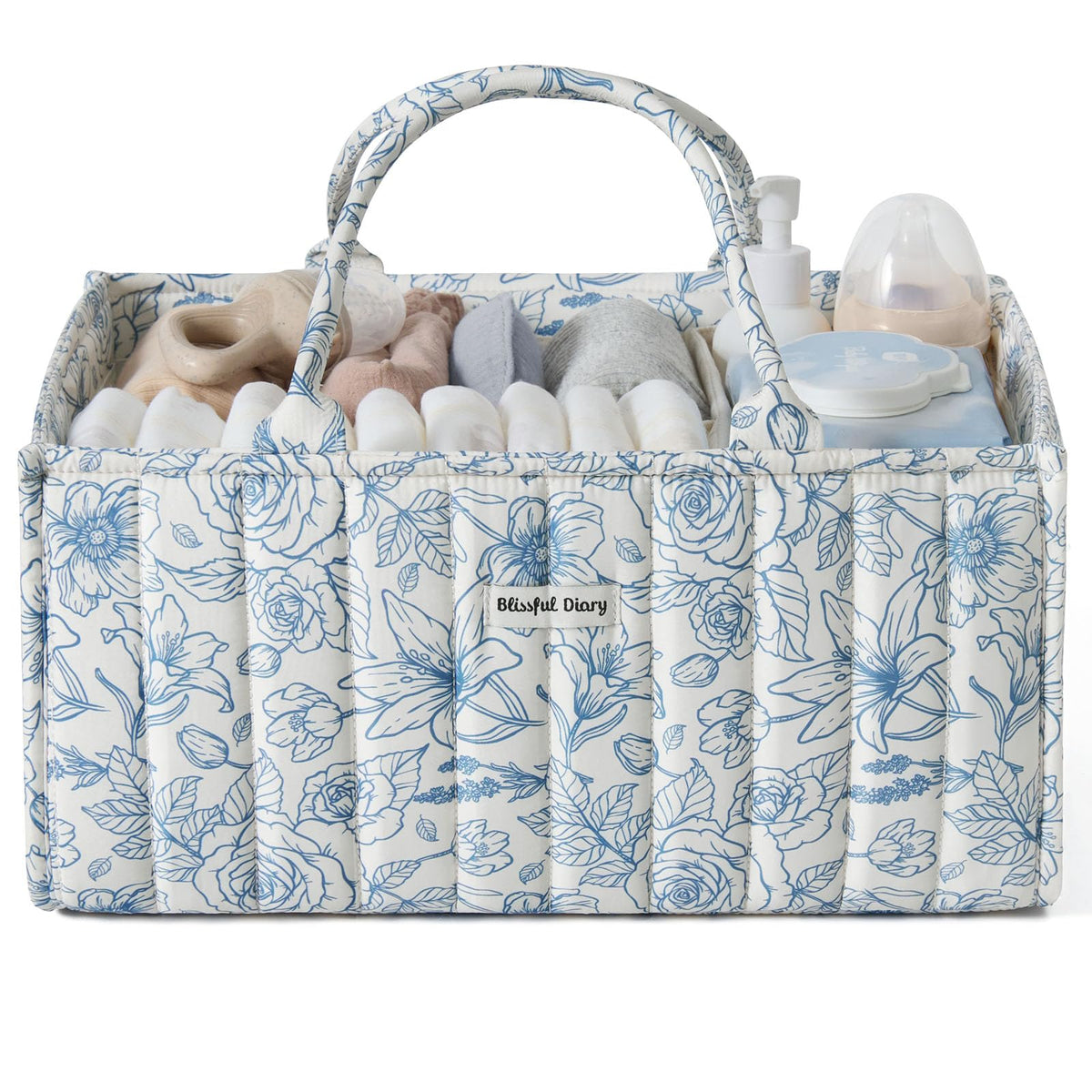 Blissful Diary Floral Diaper Caddy Organizer showcasing a neat, accessible setup for diapers and wipes.