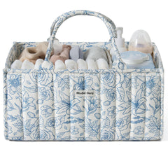 Blissful Diary Floral Diaper Caddy Organizer showcasing a neat, accessible setup for diapers and wipes.