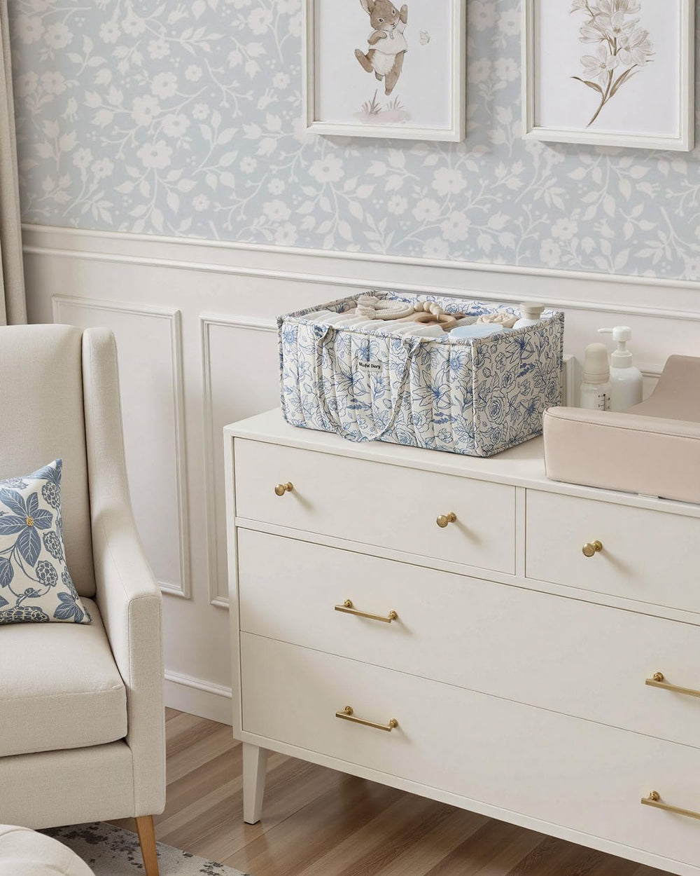 Blissful Diary Floral Diaper Caddy storage illustrating organized baby essentials at a glance.